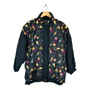 Carolina Bay Plus Vintage 90s Windbreaker Jacket Abstract Tassel Print Black 24W